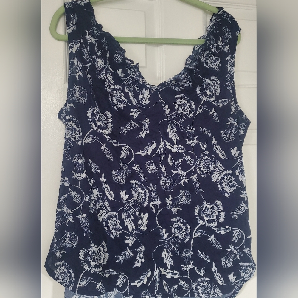 DAISY FUENTES Blouse Lightweight Sleeveless Floral Sheer Navy Blue Women's Large